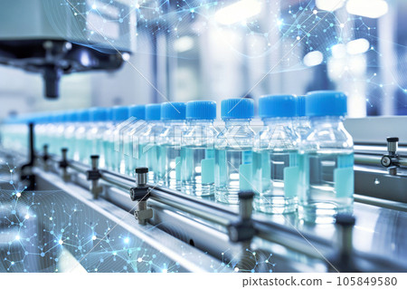 Vaccine-filled transparent bottles lined up on a laboratory production line 105849580