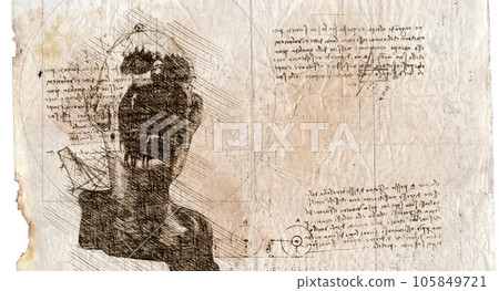 3d illustration of spooky,creepy and scary clown drawing in style of Leonardo Da Vinci 3d illustration of spooky,creepy and scary clown drawing in style of Leonardo Da Vinci 105849721