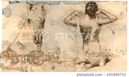 illustration - woman and horse drawing in style of Leonardo Da Vinci illustration - woman and horse drawing in style of Leonardo Da Vinci 105849732