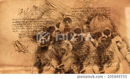 3d illustration of spooky,creepy and scary vintage baby dolls drawing in style of Leonardo Da Vinci 105849733
