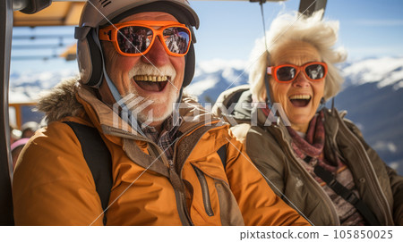 Happy Laughing Senior Couple Enjoying Their Ski Lift or Tram Ride on a Beautiful Winter Day. Generative AI. 105850025