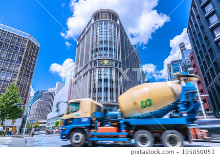 Tokyo cityscape in Japan, overlooking Nihonbashi Mitsukoshi and mixer trucks Tokyo cityscape in Japan, overlooking Nihonbashi Mitsukoshi and mixer trucks 105850051