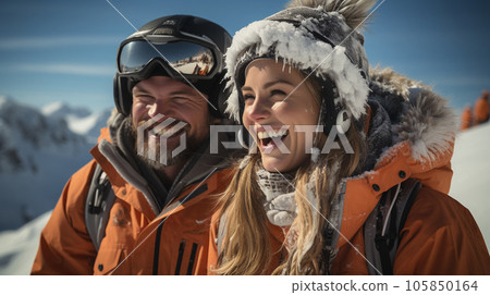 Young Adult Couple Enjoying Their Ski Lift or Tram Ride on a Beautiful Winter Day. Generative AI. 105850164