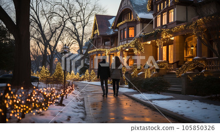 Couple walking among beautifully decorated Christmas themed houses on a winter evening. Generative AI. 105850326