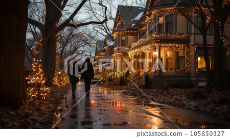 Couple walking among beautifully decorated Christmas themed houses on a winter evening. Generative AI. 105850327