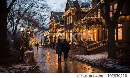 Couple walking among beautifully decorated Christmas themed houses on a winter evening. Generative AI. 105850328