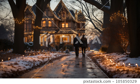 Couple walking among beautifully decorated Christmas themed houses on a winter evening. Generative AI. 105850329