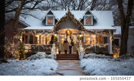 Couple walking toward the front door of a beautifully decorated Christmas themed house on a winter evening. Generative AI. 105850437