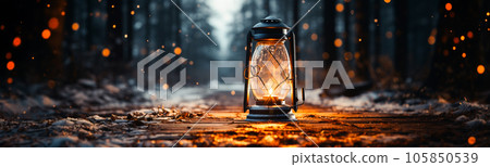 Warm and inviting lit vintage lantern resting on wood planks base outdoors In a winter setting. Generative AI. 105850539