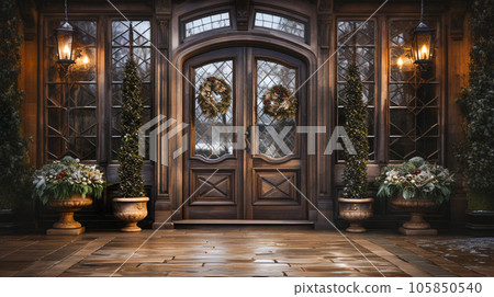 Beautiful Christmas decorated front door and porch of a house on a winter evening. Generative AI. 105850540