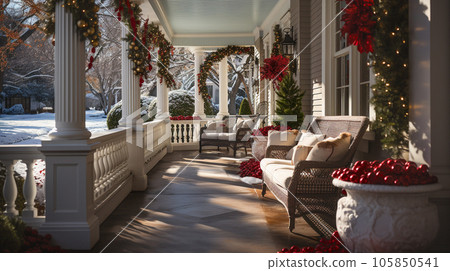Beautiful Christmas decorated front door and porch of a house on a winter evening. Generative AI. 105850541