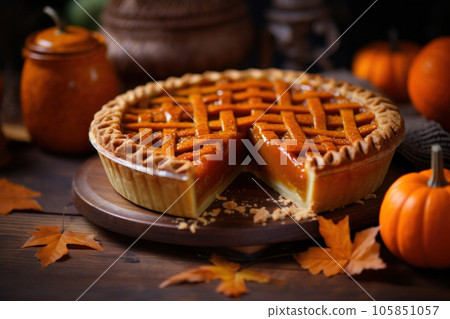 Cut thanksgiving pumpkin pie revealing a rich golden spiced filling is elegantly served on a rustic wooden table Cut thanksgiving pumpkin pie revealing a rich golden spiced filling is elegantly served on a rustic wooden table 105851057