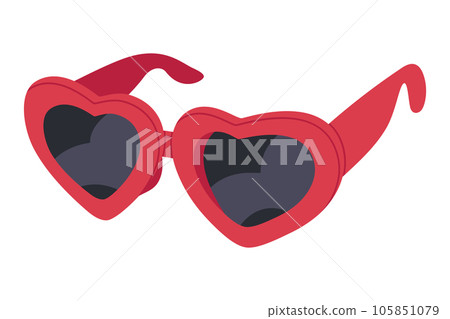 Heart shaped sunnies. Hand drawn fashion sunglasses, red plastic frame shades. Trendy eyewear accessories flat vector illustration 105851079