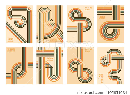 Retro colours posters. Halftone striped patterns, vintage stripes 70s backgrounds flat vector set. Abstract 60s banner collection Retro colours posters. Halftone striped patterns, vintage stripes 70s backgrounds flat vector set. Abstract 60s banner collection 105851084