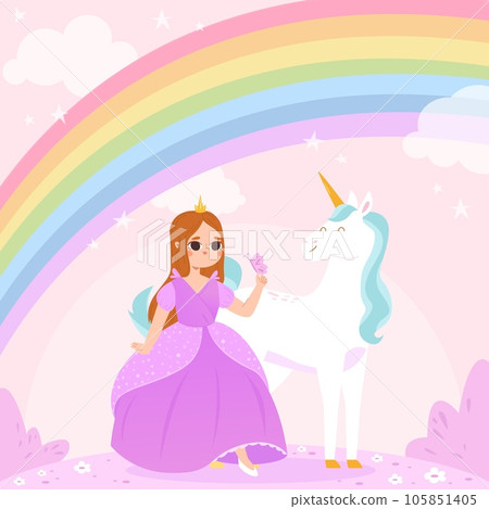 Little princess, sweet girl in dress with magic unicorn. Cartoon beauty fairy tale background, baby graphic art. Fantasy world snugly vector scene 105851405