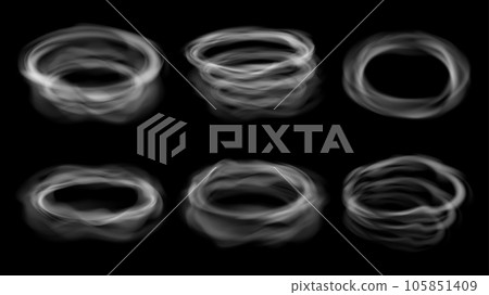 Realistic smoke steam circles, vape rings. Air rounded clouds, isolated cigarette or hookah smokes cloud. Abstract vaping pithy vector elements 105851409