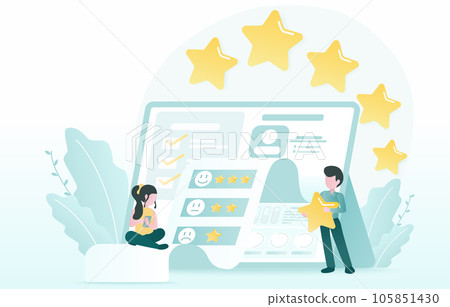 Analyze online customer review data, star rating, feedback, and comment of increase and improve customer loyalty. Business people analyzing customer satisfaction and reaction online. Analyze online customer review data, star rating, feedback, and comment of increase and improve customer loyalty. Business people analyzing customer satisfaction and reaction online. 105851430