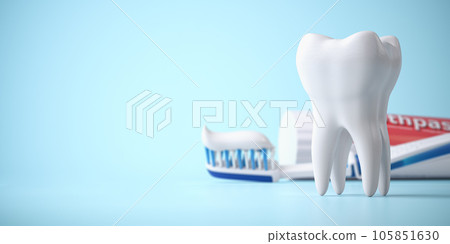 TTooth with tooth paste and toothbrush on blue background. Dental care, hygiene and oral health background. 105851630