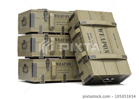 Military wooden crates with weapon and army ammunition isolated on white. 3d illustration 105851634