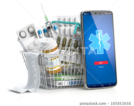 Mobile service or app for purchasing medicines in online pharmacy drugstore. Smartphone and shopping basket full of medicines. Mobile service or app for purchasing medicines in online pharmacy drugstore. Smartphone and shopping basket full of medicines. 105851638
