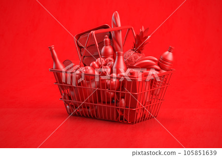 Red shopping basket full of grocery foods on red background. Red shopping basket full of grocery foods on red background. 105851639