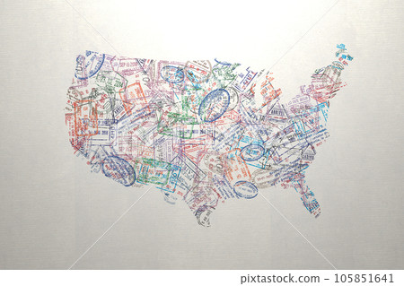 Map of USA from passport travel visa stamps. USA travel and tourism concept. Map of USA from passport travel visa stamps. USA travel and tourism concept. 105851641