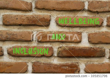 Inclusion and wellbeing symbol. Concept words Inclusion and wellbeing on beautiful brown brick. Beautiful red brown brickwall background. Motivational inclusion and wellbeing concept. Copy space. 105851706