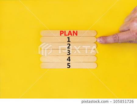 Time to plan 1 symbol. Concept word Plan 1 2 3 4 5 on wooden sticks. Businessman hand. Beautiful yellow table yellow background. Business planning and time to plan 1 concept. Copy space. Time to plan 1 symbol. Concept word Plan 1 2 3 4 5 on wooden sticks. Businessman hand. Beautiful yellow table yellow background. Business planning and time to plan 1 concept. Copy space. 105851726