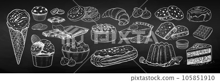 Desserts and bakery on chalkboard background Desserts and bakery on chalkboard background 105851910