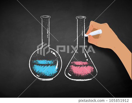 Hand drawing chemical flasks with chalk Hand drawing chemical flasks with chalk 105851912