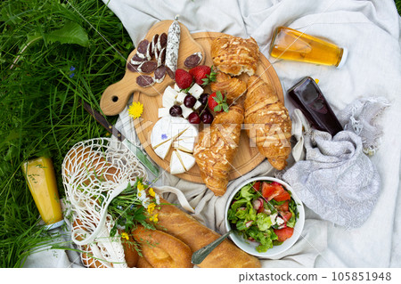Picnic in the field with berries, juice, cheese, sausage and sweet croissants 105851948