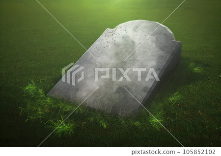 An aged, unnamed blank gravestone leans to the ground, surrounded by overgrown greenery 105852102
