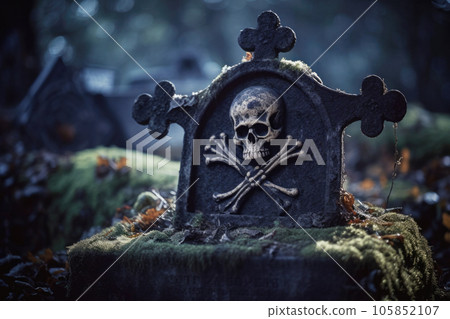 Close-up of an aged tombstone covered with moss 105852107