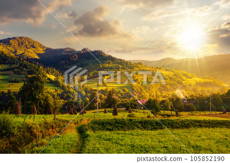 mountainous rural landscape in summer at sunset. village in the valley with haystacks on the hillside near forest. beautiful countryside scenery of ukrainian carpathians in evening light mountainous rural landscape in summer at sunset. village in the valley with haystacks on the hillside near forest. beautiful countryside scenery of ukrainian carpathians in evening light 105852190