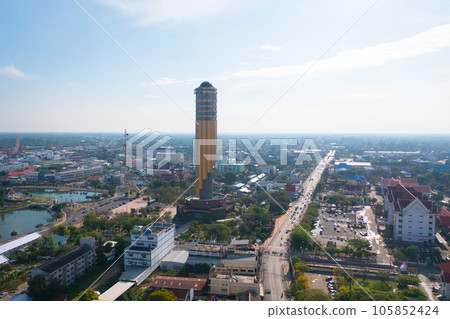 Aerial view of Roi Et tower, tourist attraction landmark. Urban housing development from above. Top view. Real estate in city, Thailand. Property real estate. 105852424