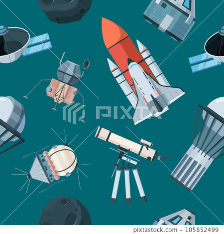 Space pattern. exploration universe items telescope comet shuttle and rocket vector seamless background 105852499