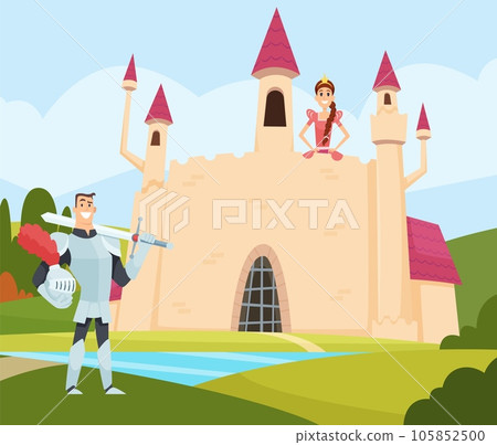 Rescue princess. knight in armor standing near big castle. Vector fairytale background 105852500