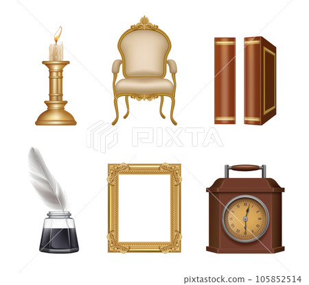 Retro gadgets. Old style furniture vintage books chairs decent vector pictures collection Retro gadgets. Old style furniture vintage books chairs decent vector pictures collection 105852514
