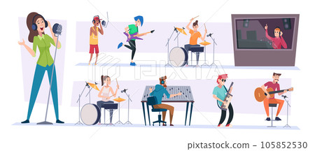 Sound studio. Music production room with singers exact vector illustration in cartoon style Sound studio. Music production room with singers exact vector illustration in cartoon style 105852530