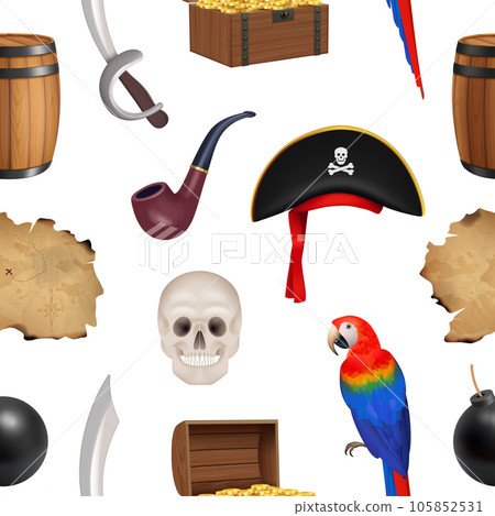 Pirate pattern. Corsair items old map skull and bones parrot pirate treasures decent vector seamless template Pirate pattern. Corsair items old map skull and bones parrot pirate treasures decent vector seamless template 105852531