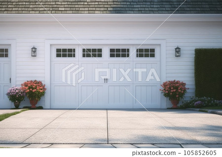 White garage door with a driveway in front. Generative AI 105852605