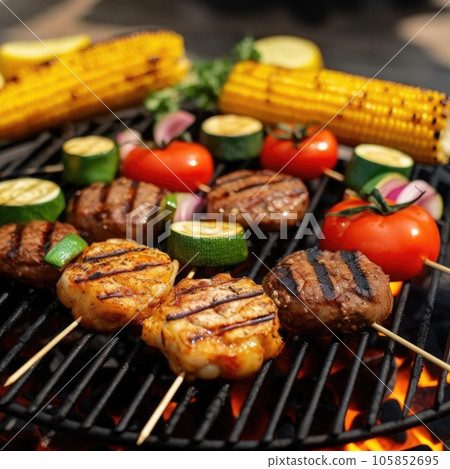 Hamburgers with vegetable on barbecue grill. Generative AI Hamburgers with vegetable on barbecue grill. Generative AI 105852695