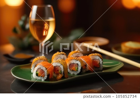 Japanese cuisine. Sushi set on a plate. Generative AI Japanese cuisine. Sushi set on a plate. Generative AI 105852734