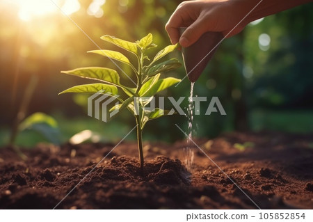Hand watering seedling growing step in garden with sunshine. Concept of business growth, profit, development and success. Start-up business. Generative AI Hand watering seedling growing step in garden with sunshine. Concept of business growth, profit, development and success. Start-up business. Generative AI 105852854