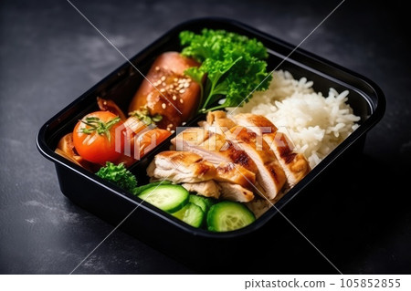 Meal prep containers with healthy lunch to go for work or school with grilled chicken, rice and vegetables. Generative AI 105852855