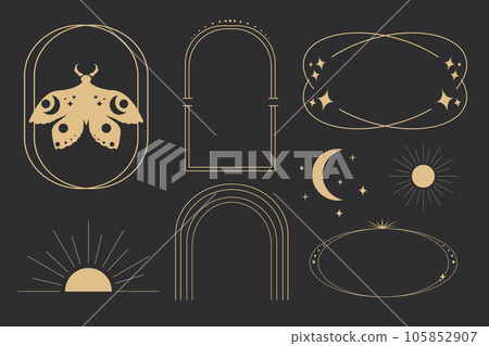 Set golden celestial frames, borders, arch line art esoteric minimal decoration with sparkles isolated on dark background. 105852907
