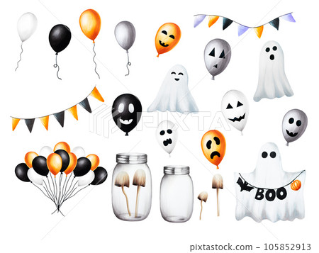 Watercolor Halloween illustrations with scary faces on baloons, festive flags, pumpkin, toadstools in a jar, ghosts. Hand painting orange, black, white balloon sketch isolated on white background. For 105852913