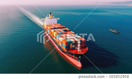 Aerial top view of a cargo ship carrying containers for export cargo. Generative AI Aerial top view of a cargo ship carrying containers for export cargo. Generative AI 105852958