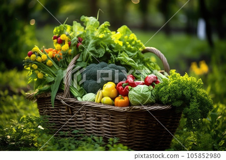 Colored vegetables in big basket. Generative AI 105852980