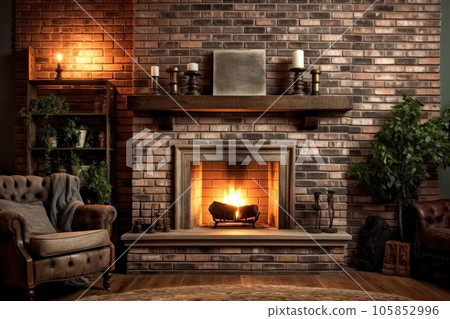 Spacious room and brick fireplace. Generative AI 105852996